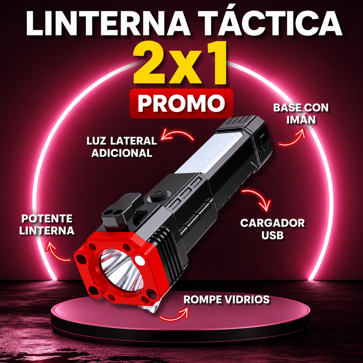 PROMO 2X1 LINTERNA TACTICA 4 EN 1
