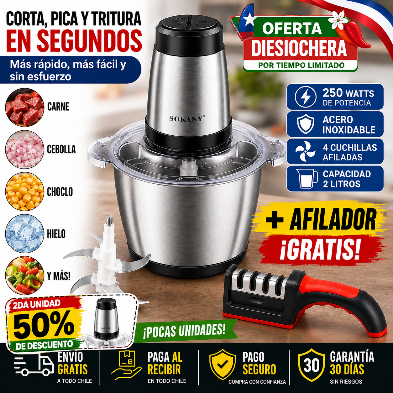 Picadora Procesadora 2 litros + AFILADOR