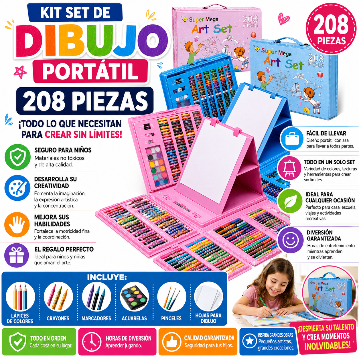 SET KIT DIBUJO NIÑOS 208 PIEZAS