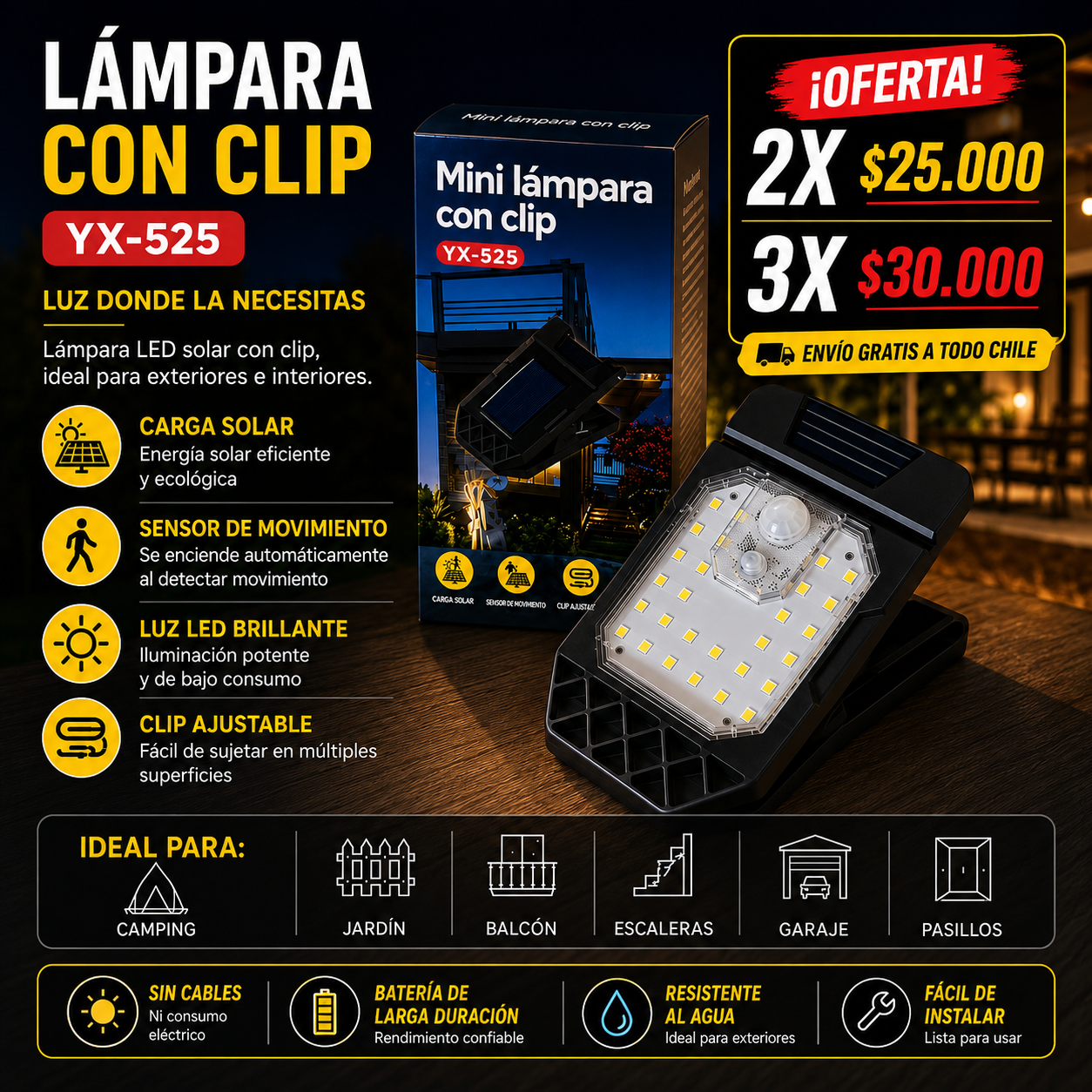 LÁMPARA SOLAR CON CLIP