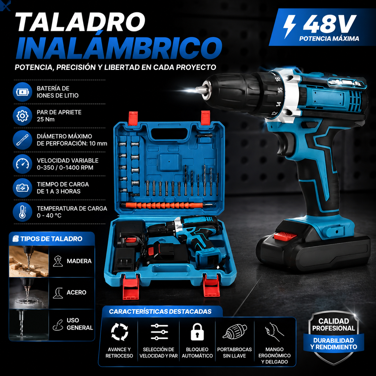 Taladro Inalambrico 2 Bat Con Accs